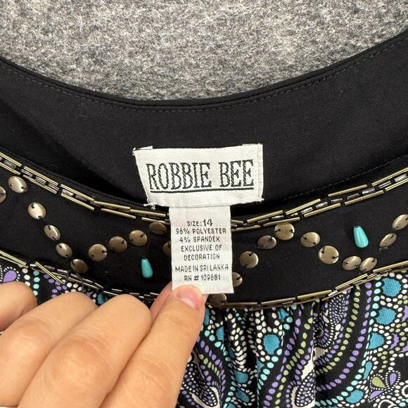 Robbie Bee Dress Women 14 Blue Paisley Shift Midi Short Sleeve Round Neck Casual - Picture 3 of 6